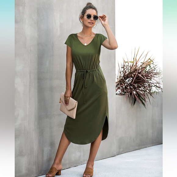 NWT! V-Neck Split-Side Drawstring Midi Dress - Picture 8 of 10